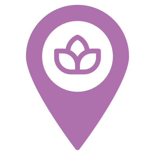 Icona viola di localizzazione con simbolo floreale stilizzato per Home.