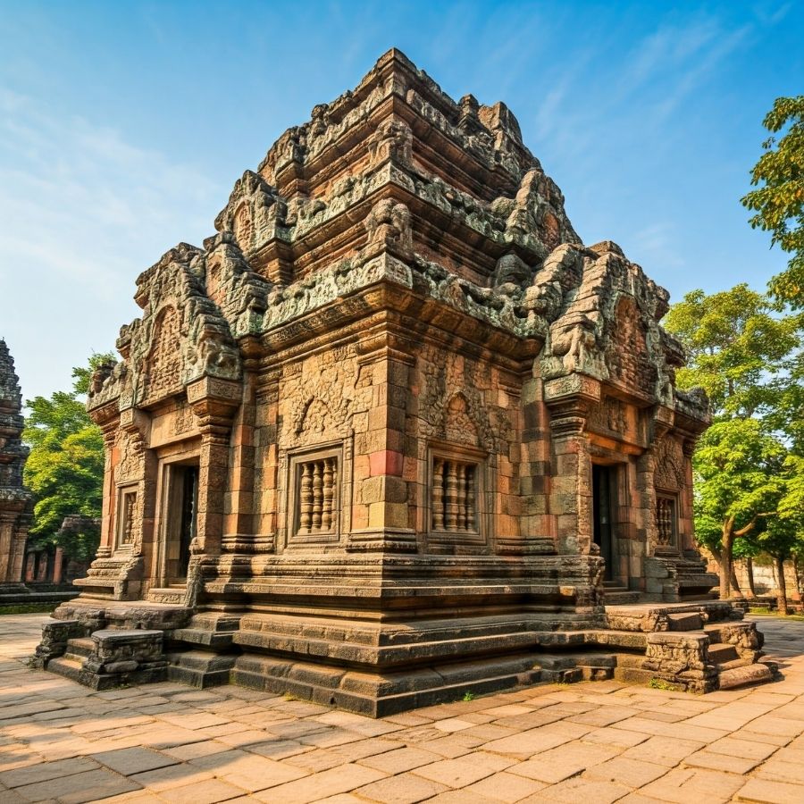 Antico tempio in pietra arenaria in Cambogia. Architettura Khmer, dettaglio sculture.